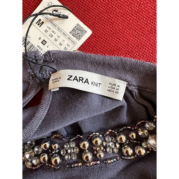 Zara knit short sleeve top with jeweled neckline, NWT, S - Picture 9 of 12